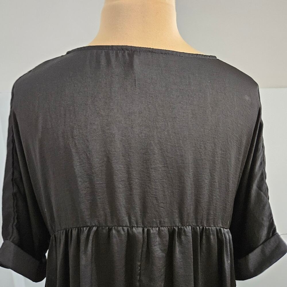 Glam Women Black Satin V-Neck Babydoll Blouse High-Low Cuffed Sleeve Top L - Picture 9 of 13